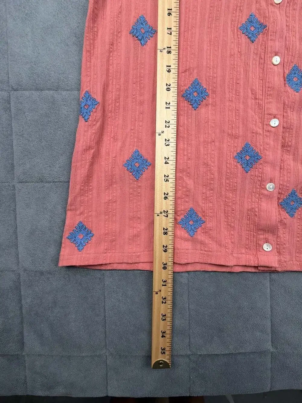 purejill Women's Terracotta Button-Down Shirt with Blue Geometric Embroidery